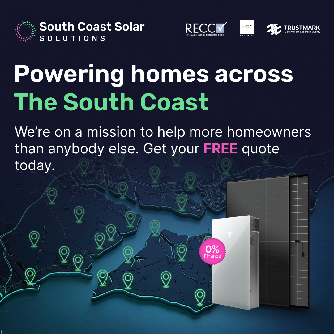 South Coast Solar Solutions coverage map — Hampshire, Surrey, Sussex and Dorset