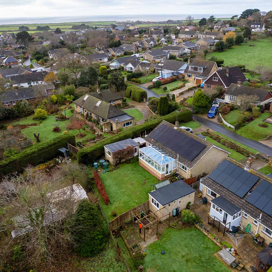 Aerial view of residential solar installation