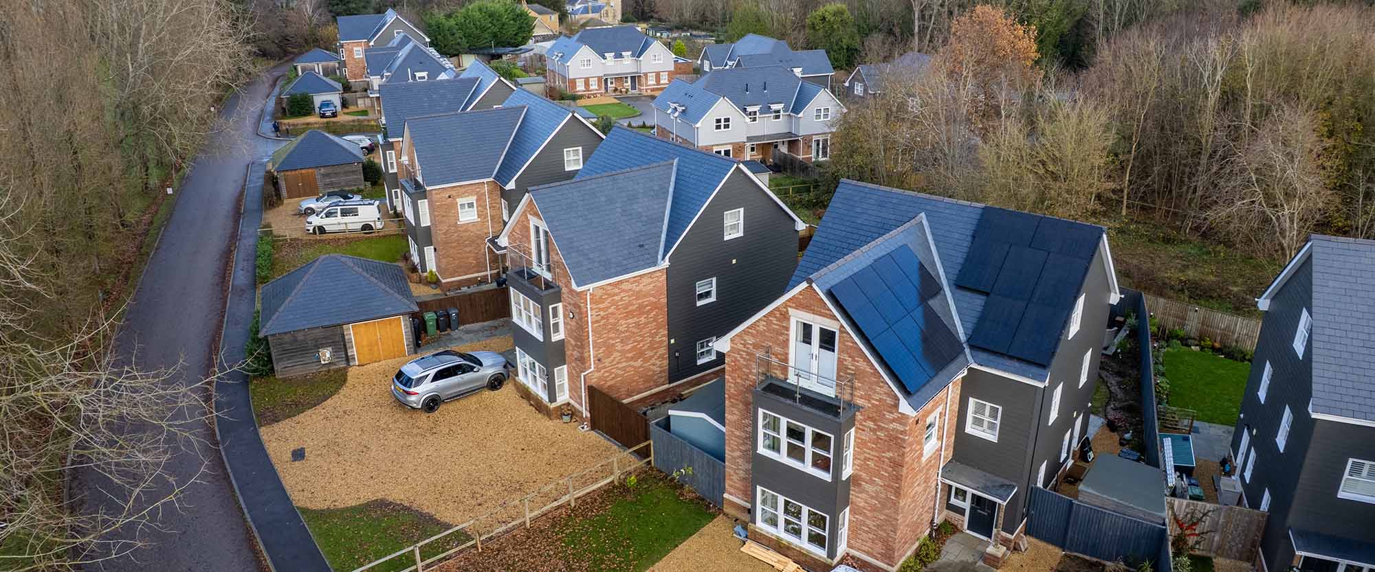 Houses with solar panels — aerial view